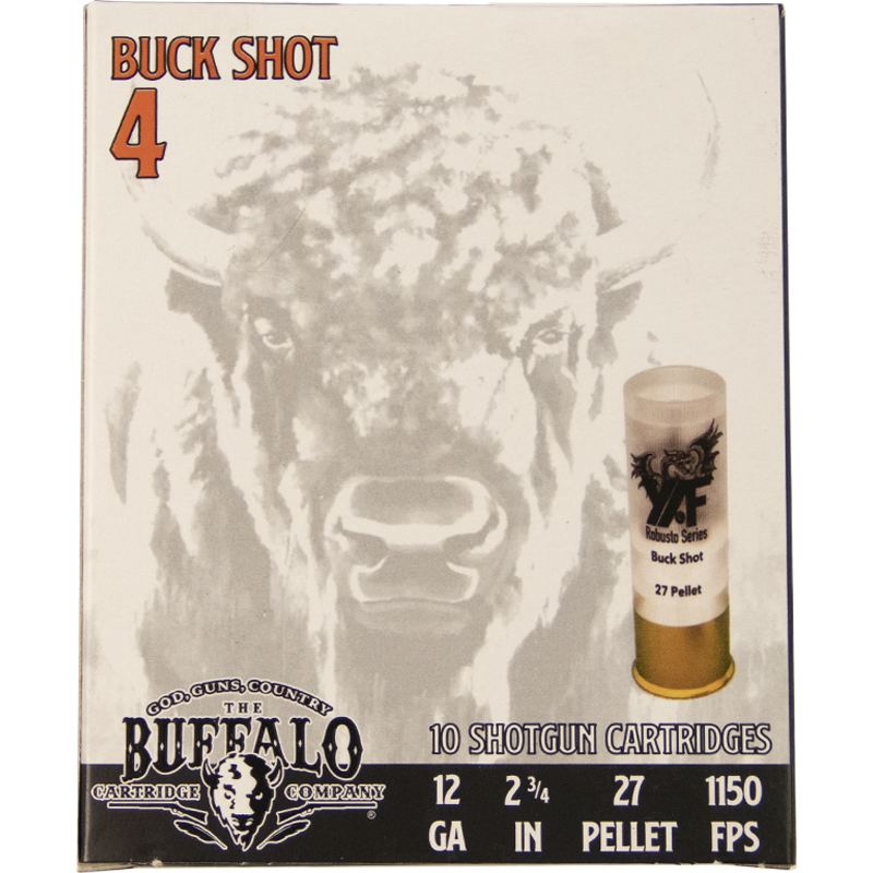 12 Gauge Buffalo Cartridge 2 3/4in #4 Buck Shot 27 Pellet - 10 Shotshells (Lead)
